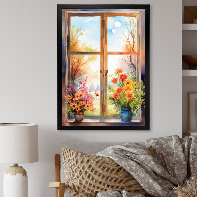 Narjes " Nature's Floral Window Display II ", Black Picture Framed, 32" H x 16" W x 1" D