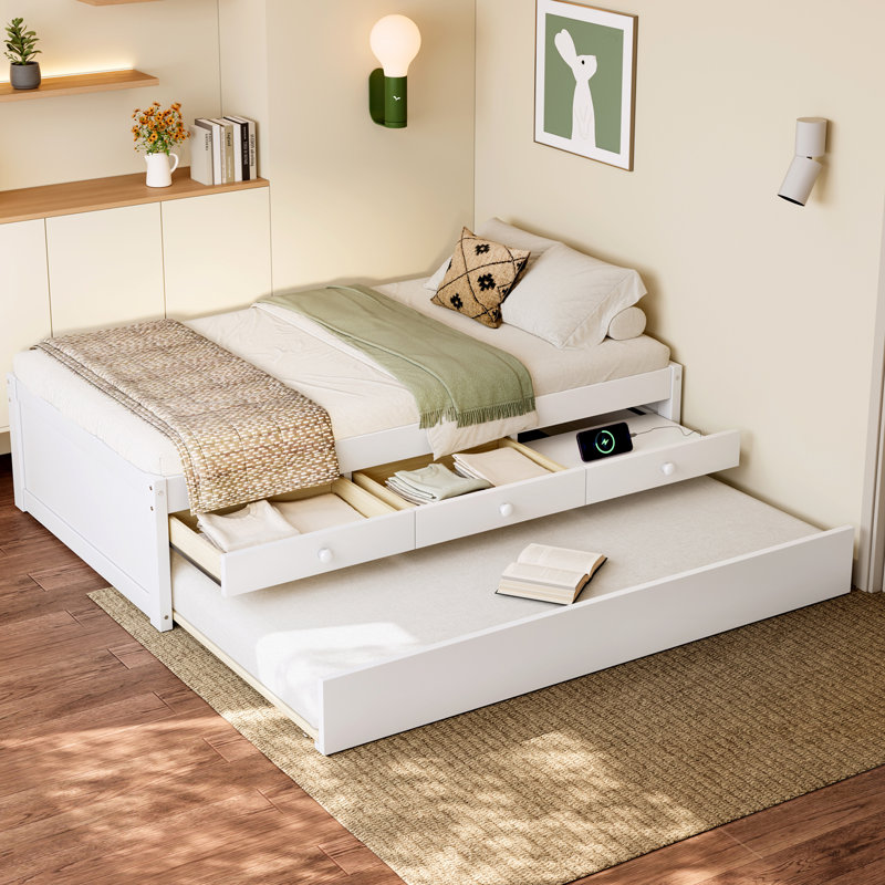 Lit plateforme avec lit gigogne et 2 tiroirs, fabrication en bois massif, multiprise, Lit simple, Blanc