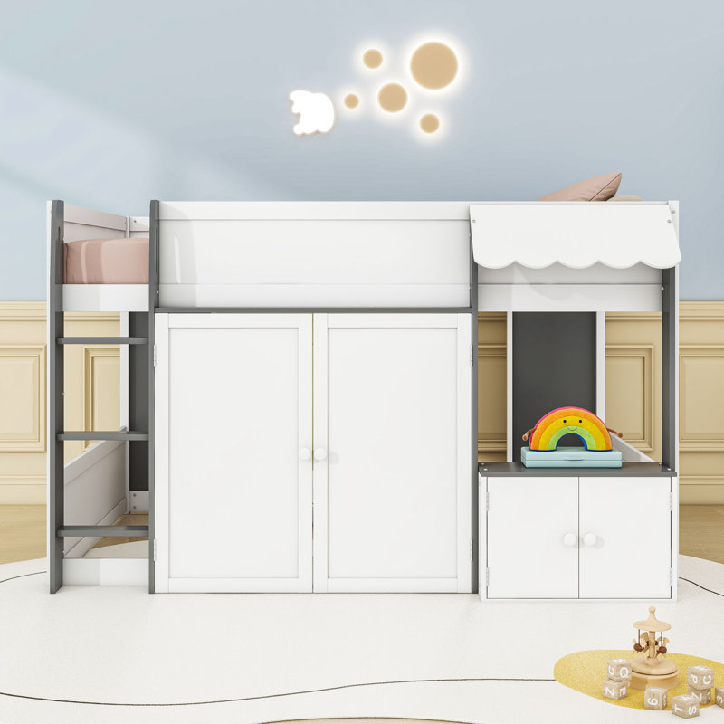 Full Loft House Bed With Cabinet, Ladder And Guardrails, White Gray
