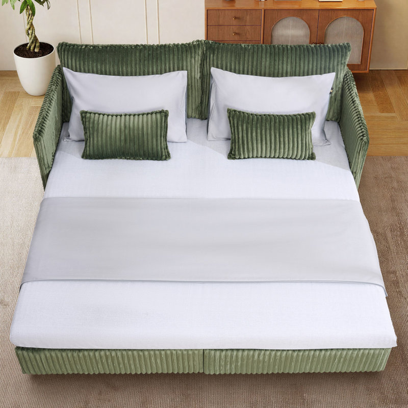 73" Pull Out Sofa Bed with Side Pocket& USB,3-in-1 Sleeper Sofa Corduroy Couch, Green