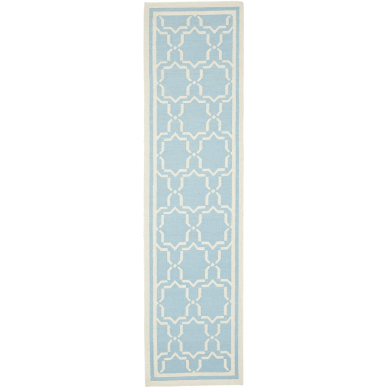Rodgers Hand Woven Flat Weave Wool/Cotton Geometric Rug in Light Blue/Ivory, Runner 2'6" x 12'