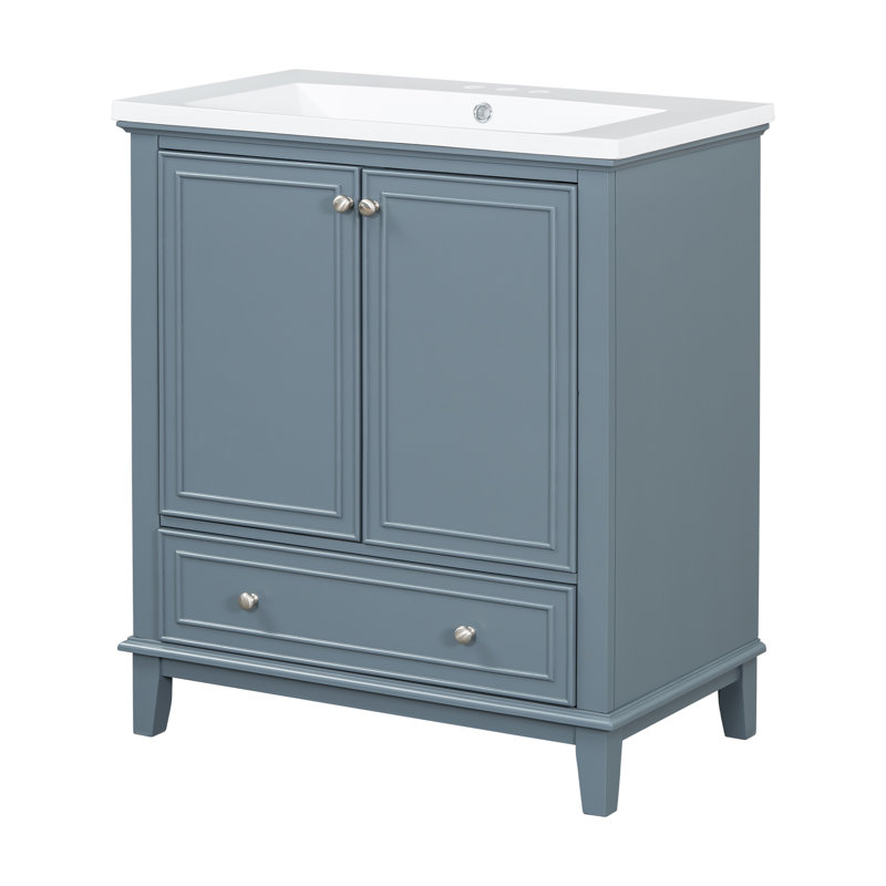 De salle de bain bleue | armoire multifonctionnelle avec lavabo, portes et tiroir | structure solide et fabrication en bois aggloméré (117 caractères)