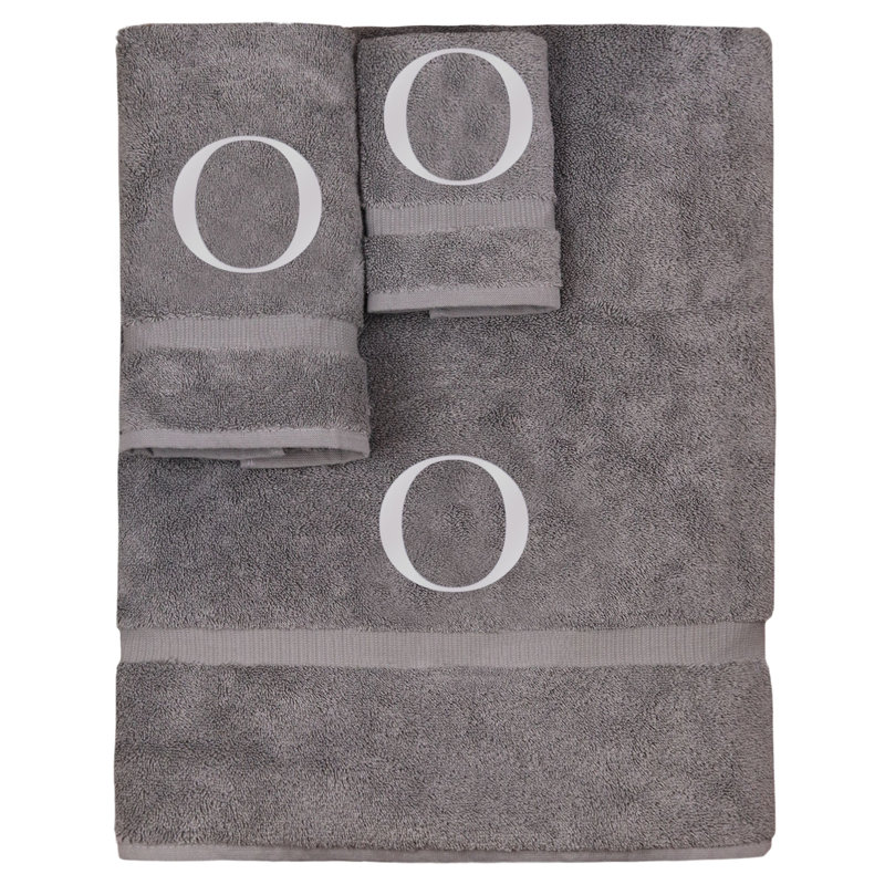 Ensemble de serviettes monogrammées - ensemble de 3 - lettre-bloc, O, Gris / Argent