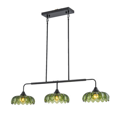 3-Light Vintage Green Ribbed Glass Linear Pendant Light
