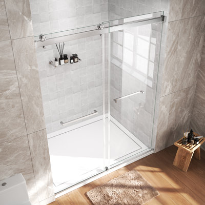 Porte de douche coulissante double moderne sans cadre de 44 à 48 po x H 76 po en verre trempé et quincaillerie en acier inoxydable, nickel brossé