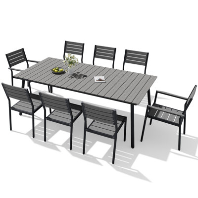 8 - Person Aluminum Patio Dining Set With Umbrella Hole And Armed And Armless Chairs