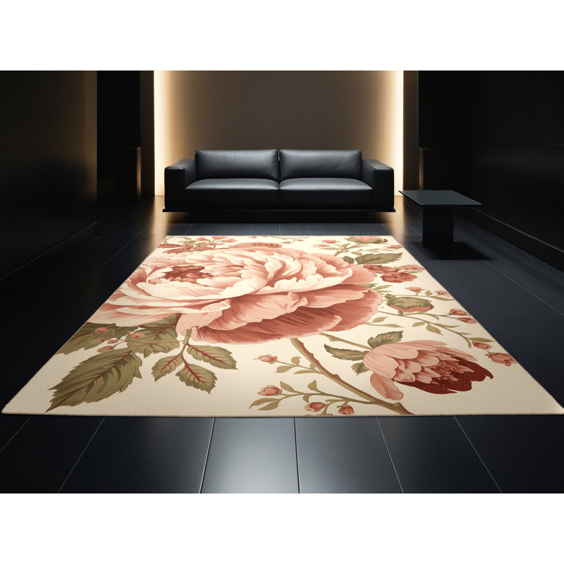 Tapis beige français à motif de pivoines lavables à la machine - reliure beige, 7 x 10