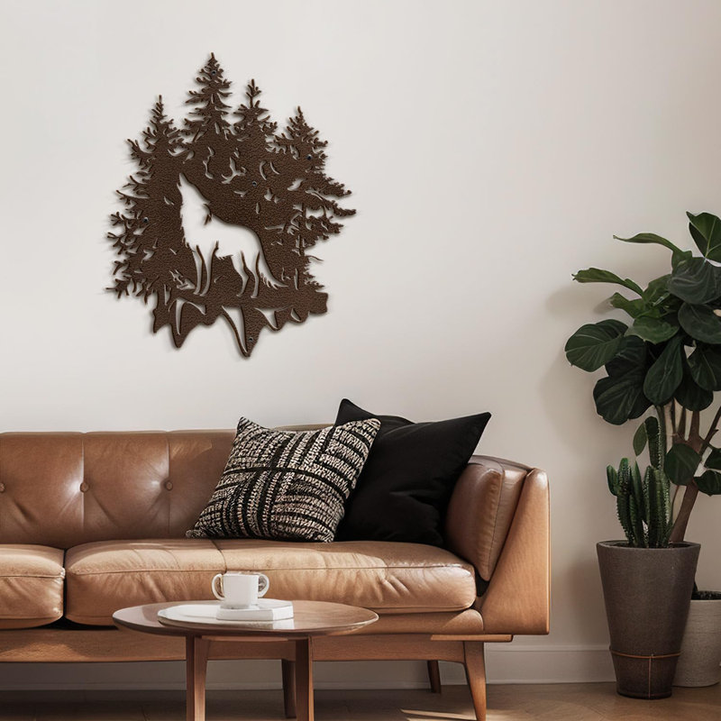 Décoration murale en métal loup et pin, décoration murale abstraite moderne minimaliste, H 36 po x l 36 po x P 0,05 po