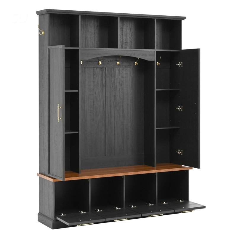 4-IN-1 Elegant 59 Inch Wide Hall Tree With Golden Hooks & Handles, Practical Entryway Walnut Bench With Adjustable Shelves, 76.7 Inch High Farmhouse Wooden Style Coat & Shoe Rack