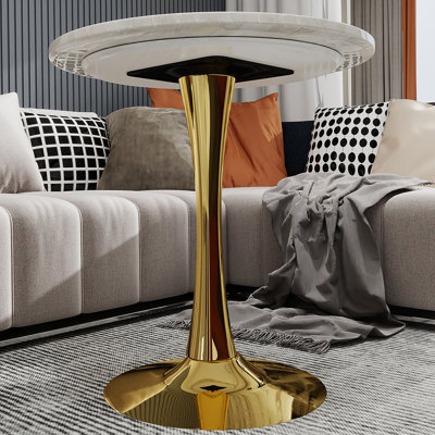 Marble-Top Round Side Table With Tapered Pedestal Base, Ideal For Living Room, Modern Minimalist Design