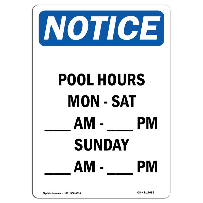 Pool Hours Mon - Sat Am Sign