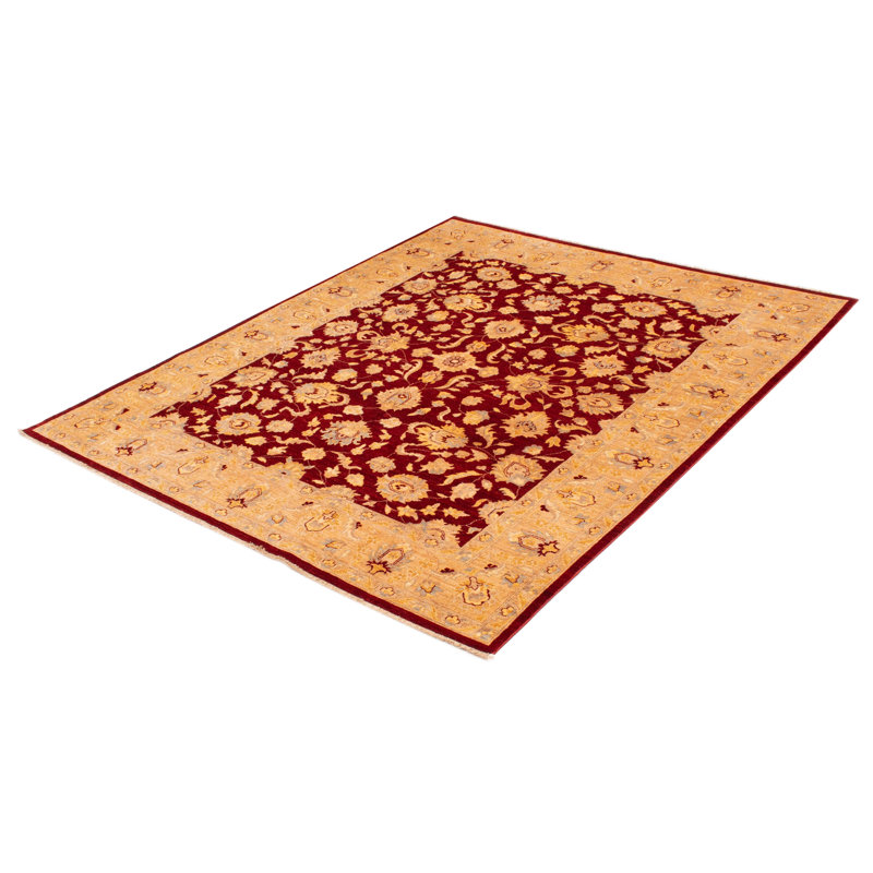 Tapis rouge foncé en laine noué à la main de conception unique 8 pi 1 po x 9 pi 6 po Chobi Finest