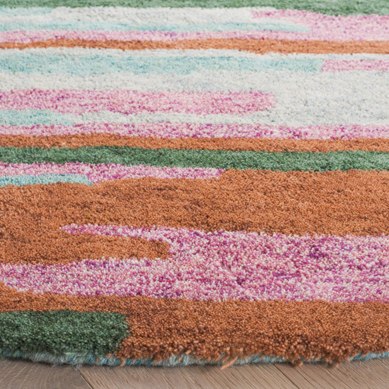 Jhoan Tufted Wool Cotton Performance Abstract Rug in Green/Pink, Round 6'