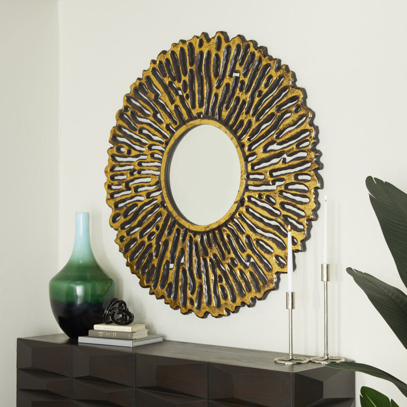 Brynsley Solid Wood Circle Wall Mirror, Gold