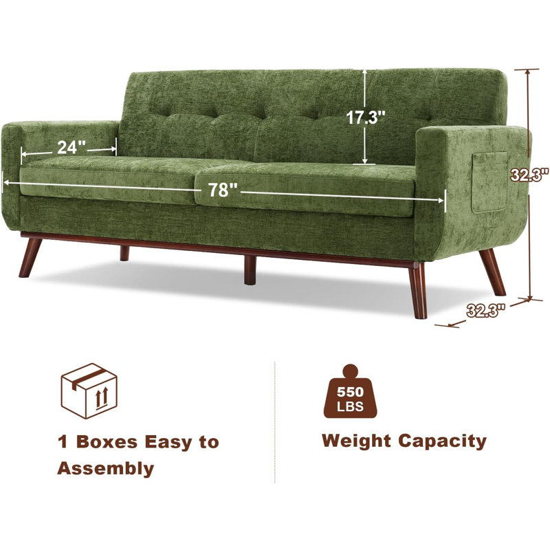78"W Chenille Button Tufted Upholstered Love Seat Sofa Couches Small Couch  for Living Room & Apartment, Green