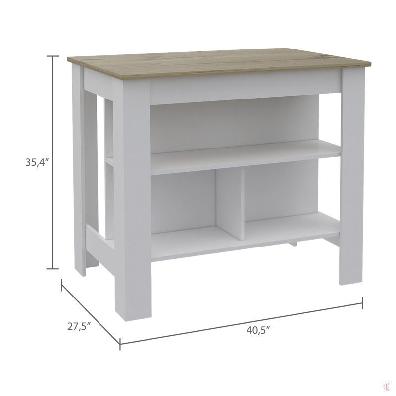 Îlot de cuisine, quatre pieds, trois tablettes, Bois naturel, Blanc