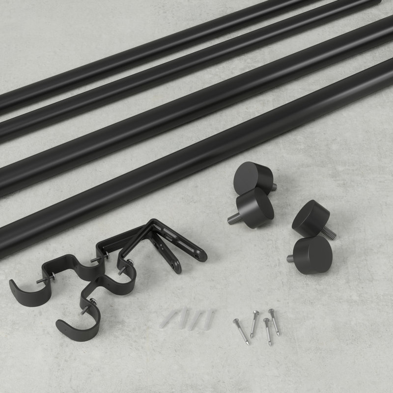 Adjustable Brushed Black Double Curtain Rod Set with Finials