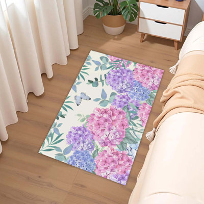 Hydrangea Rug Floral Welcome Mat Summer Spring Kitchen Mat Purple Pink Flower Green Leaves Area Rugs 24X36 Inch Absorbent Rubber Backed Carpet For Home Bathroom Porch Entrance