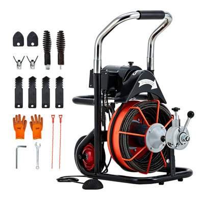 100FT x 3/8 Inch Drain Cleaning Machine with 10 Cutters & Air-Activated Foot Switch, Auto Feed Drain Snake Auger on Wheels, 450 w High Power Sewer Snake for 2" to 4" Pipes