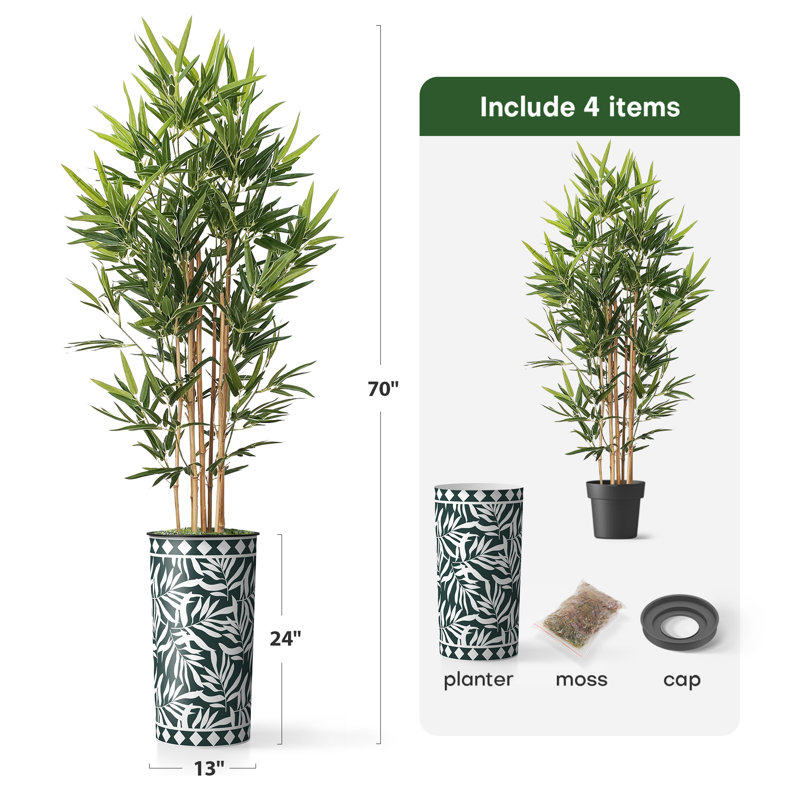 Artificial Tree in Contemporary Blue Stripe Patterned Planter Fake Bamboo Silk Tree, Plant Green