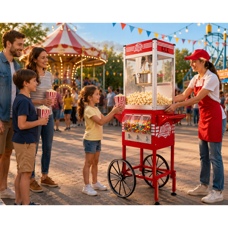 Machine à maïs soufflé 12 oz avec chariot à bonbons, machine à maïs soufflé de style rétro pour les réunions de famille et les réceptions
