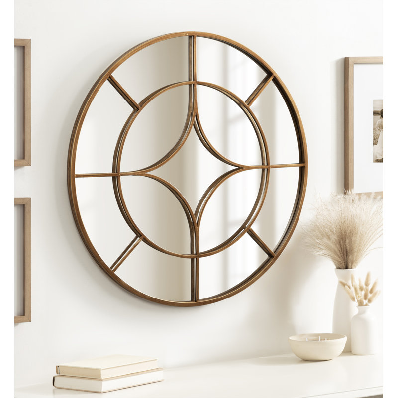 Karns 30" W Metal Wall Mirror with Geometric Overlay, Gold