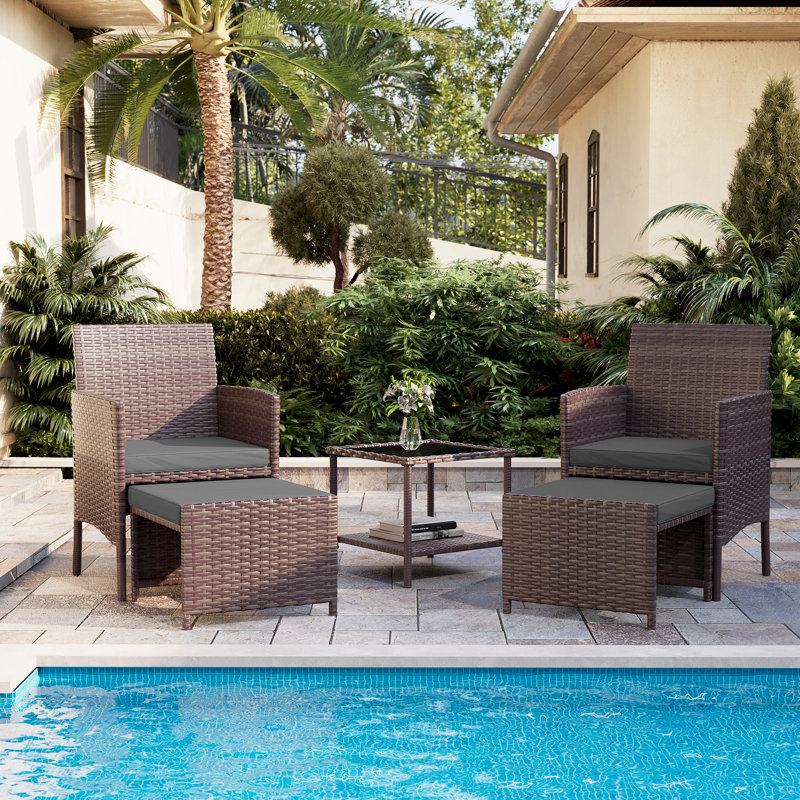2-Person Wicker Conversation Set with Ottomans and Coffee Table, Brown Wicker, Gray