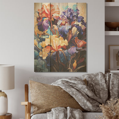 Iris colorés avec leurs courbes distinctives - Art mural en bois d'iris sur bois de pin naturel