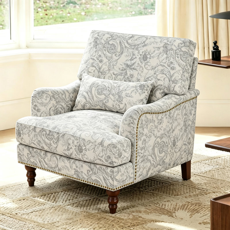 Upholstered Cotton Blend Armchair, Rococo Light Grey Chenille