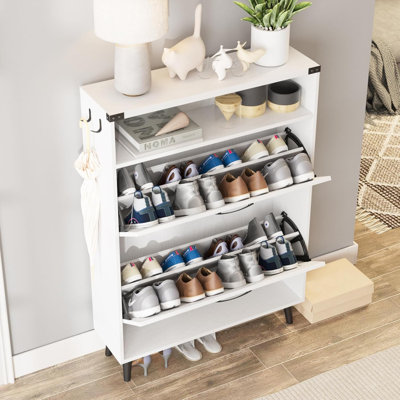 Armoire à chaussures autoportante avec tiroirs rabattables et rangement ouvert, organisateur de vestibule de style maison de campagne, étagère à chaussures étroite avec pieds pour vestibule et couloir