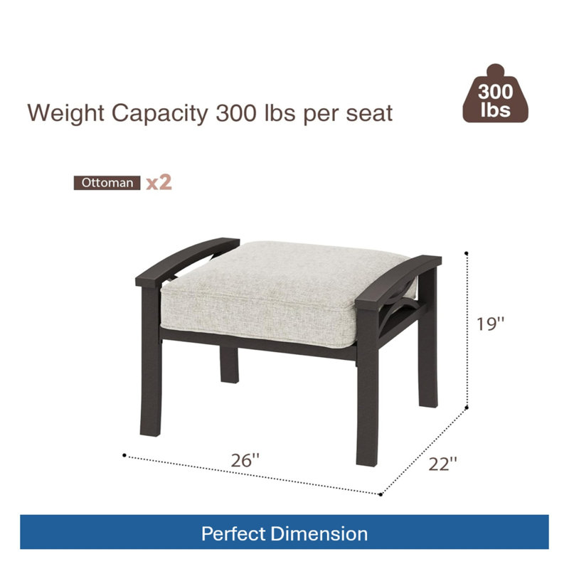 Ensemble de 2 repose-pieds d'extérieur en métal toutes saisons avec coussins en polyester, structure kaki et coussins beiges