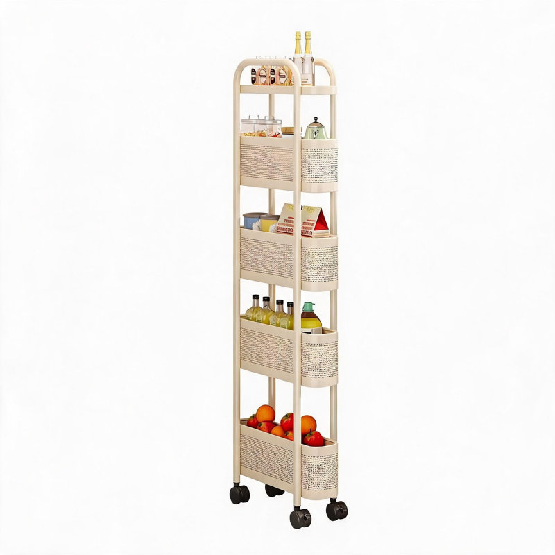 Ultra-narrow 12cm storage cart with storage basket – a space-saving mobile shelf suitable for kitchens/bathrooms, made of carbon steel and equipped with casters