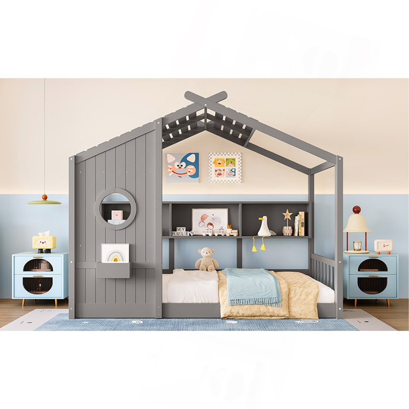 Lit sur pied pour enfant, lit Montessori pour enfants avec tablette de rangement, lit de jeu avec toit, Lit simple, Gris