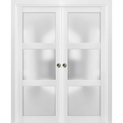 French Double Pocket Doors with Frosted Glass Lucia 2552 White Silk Kit Trims Rail Hardware Solid Wood Interior Pantry Kitchen Bedroom Sliding Closet Sturdy Door -36" x 96" (2* 18x96)