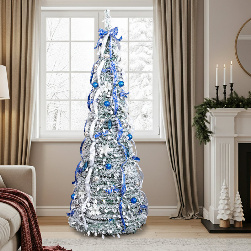 Arbre de Noël artificiel enneigé 7 pi, PVC vert, 200 DEL blanc chaud, télécommande, ornements bleus et argentés