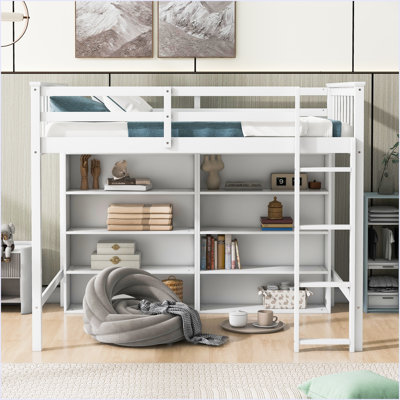 Loft Bed With 8 Open Storage Shelves And Built-In Ladder