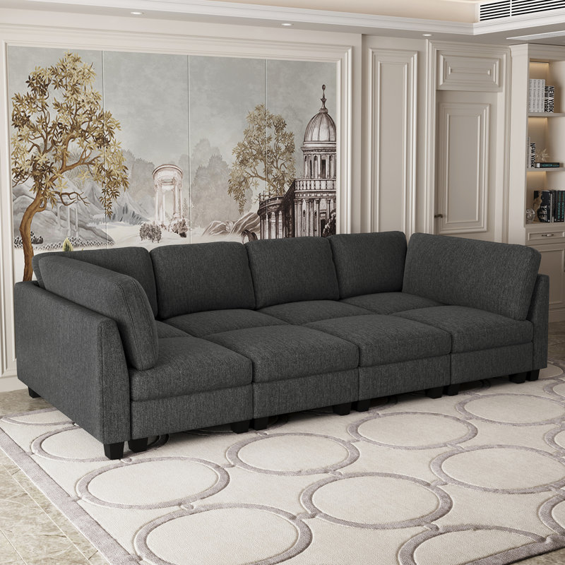 Large Sofa, 35 Inches Seat Depth Frost-Velvet Upholstered Modular Sofa Sleeper Couch With Removable Cushion Cover, Dark Gray