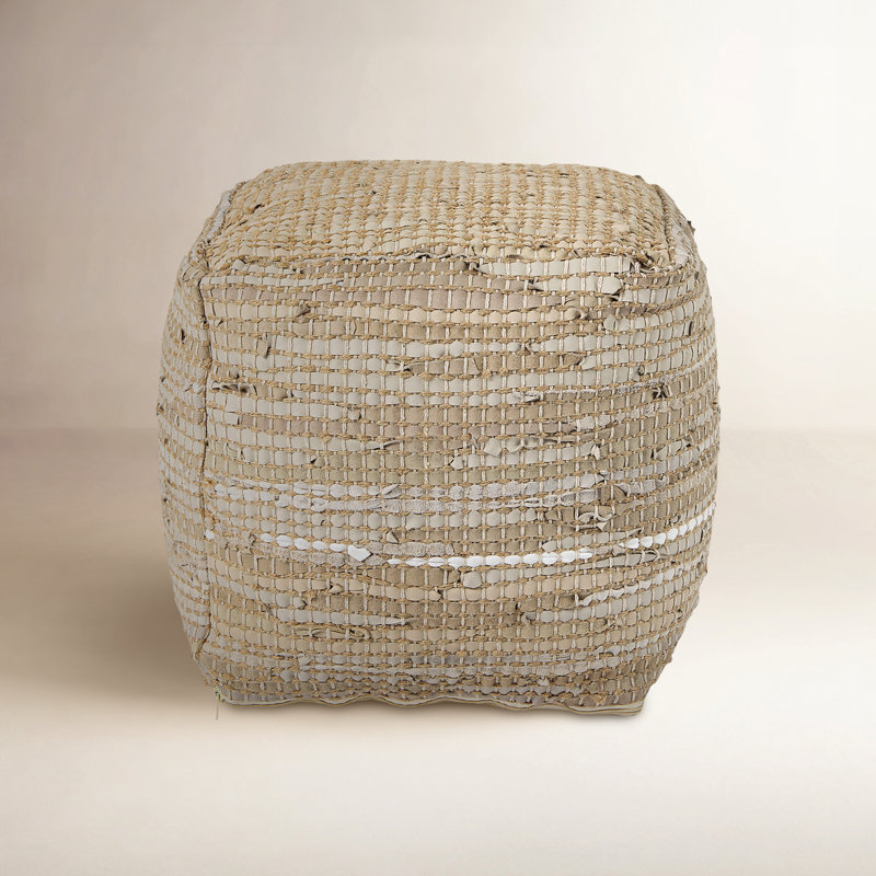 0H Leather And Jute Pouf, Beige