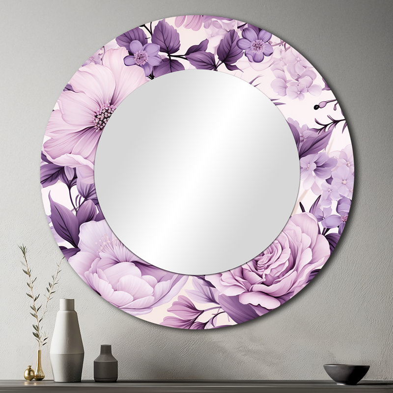 Romonia Victorian Elegance Soft Lavender Blossom - Floral Decorative Wall Mirror, Cottage Large Round Mirror, Printed Metal Art