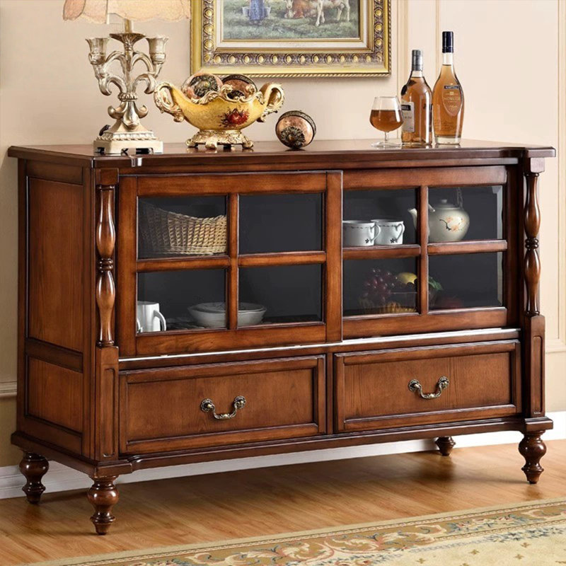 Deep-cherry Solid + Manufactured Wood+Glass Sideboard, 35.35" H x 47.24" W x 14.96" D, Cherry