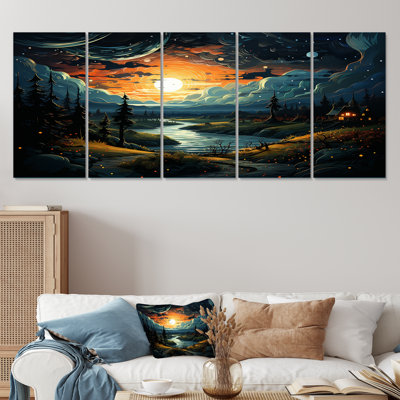 «Dreamy Mountain Scenery At Night I - Winter Landscape», art mural 5 pièces pour le salon