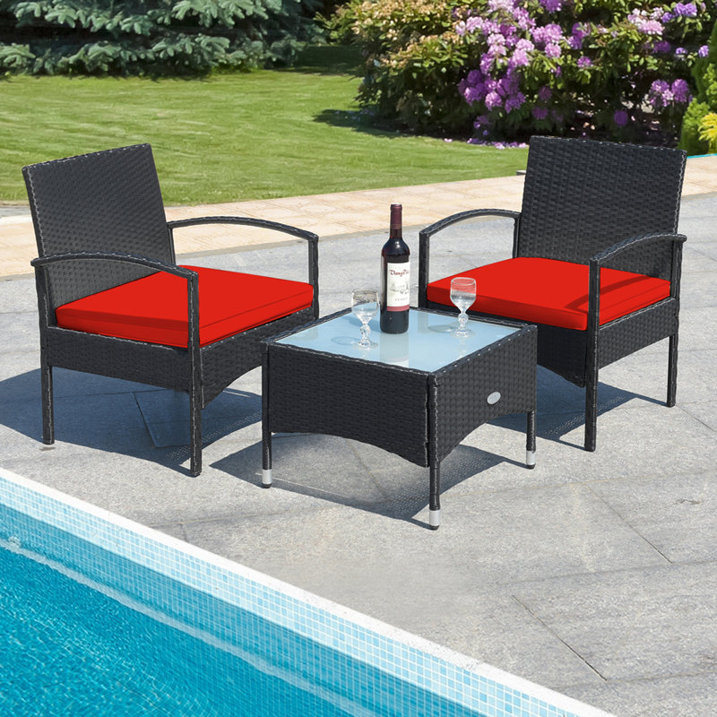 Ensemble de conversation de patio en rotin avec coussins 3 pièces, Red