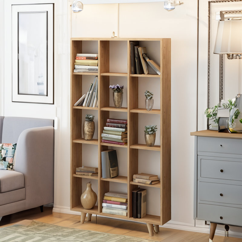 Bibliothèque moderne en chêne, 5 tablettes, 39,4 x 72,4 x 9,8 pouces | 100% panneau de particules enduit de mélamine, épaisseur: 0,7 pouce | Design scandinave mural, finition brune élégante pour la maison et le bureau
