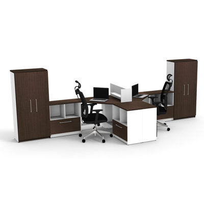 Benching Desks Teamwork Corner Desk Collaboration Furniture Model F608D8043F3847E68A8A2E429011FCA6 8Pc Group Contemporary White/Espresso Colour. Seating Not Included