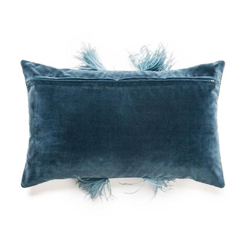 Velvet Lumbar Pillow w/ Feather Trim, Teal