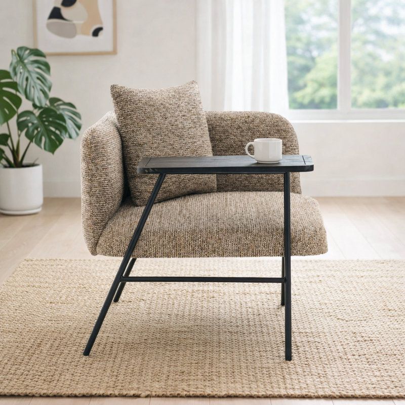 Chaise d'appoint rembourrée Minimalist avec table d'appoint intégrée et pieds en métal, Kaki