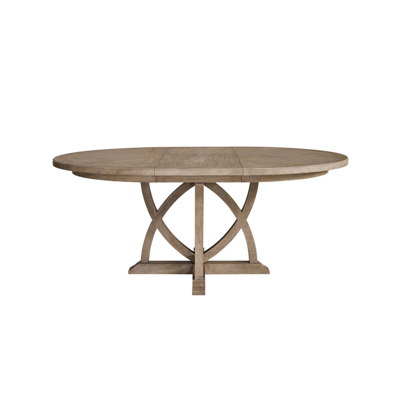 Table de salle à manger ronde avec fonction extensible, feuille de 71,5 po et 53,5 po sans, finition sablée, placages, bois massif +, base de piédestal séduisante avec feuille colorée, sans et durable