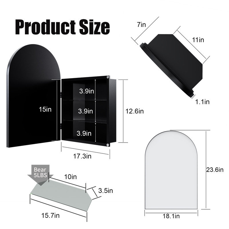 Armoire à pharmacie d'angle avec miroir arqué et tablettes réglables - Solution de rangement peu encombrante pour la salle de bain