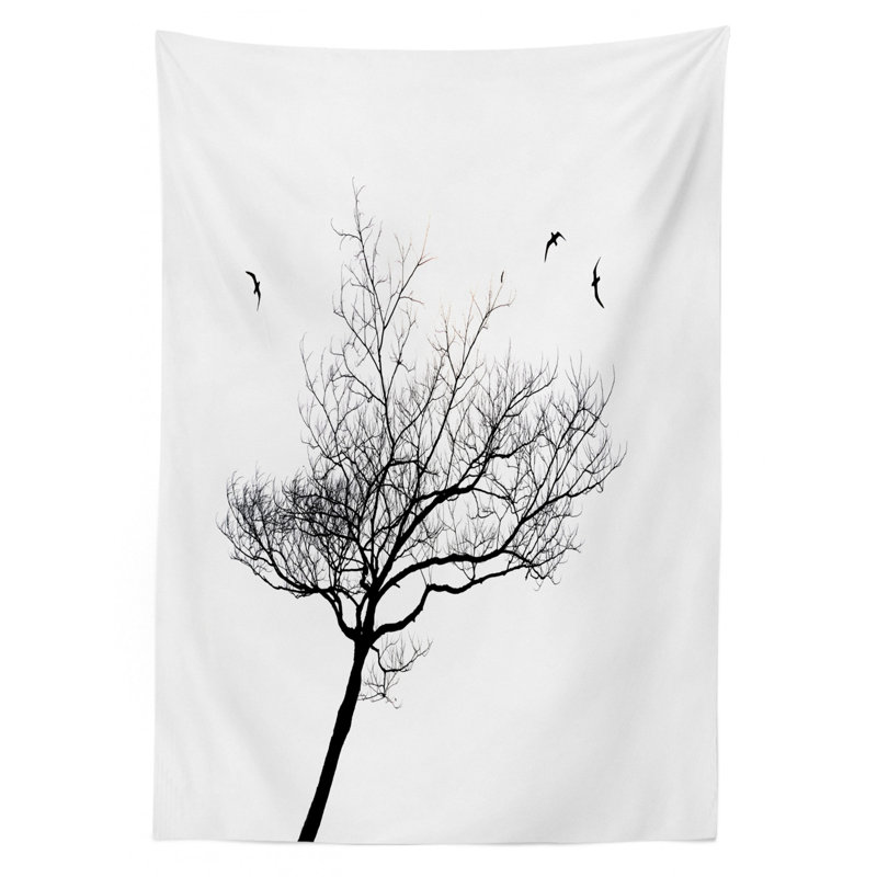 Ambesonne Black And White Tablecloth, Silhouette Of A Tree And Flying Birds Simple Minimalistic Design Artwork, Rectangular Table Cover For Dining Room Kitchen Decor, 52" X 70", Black White