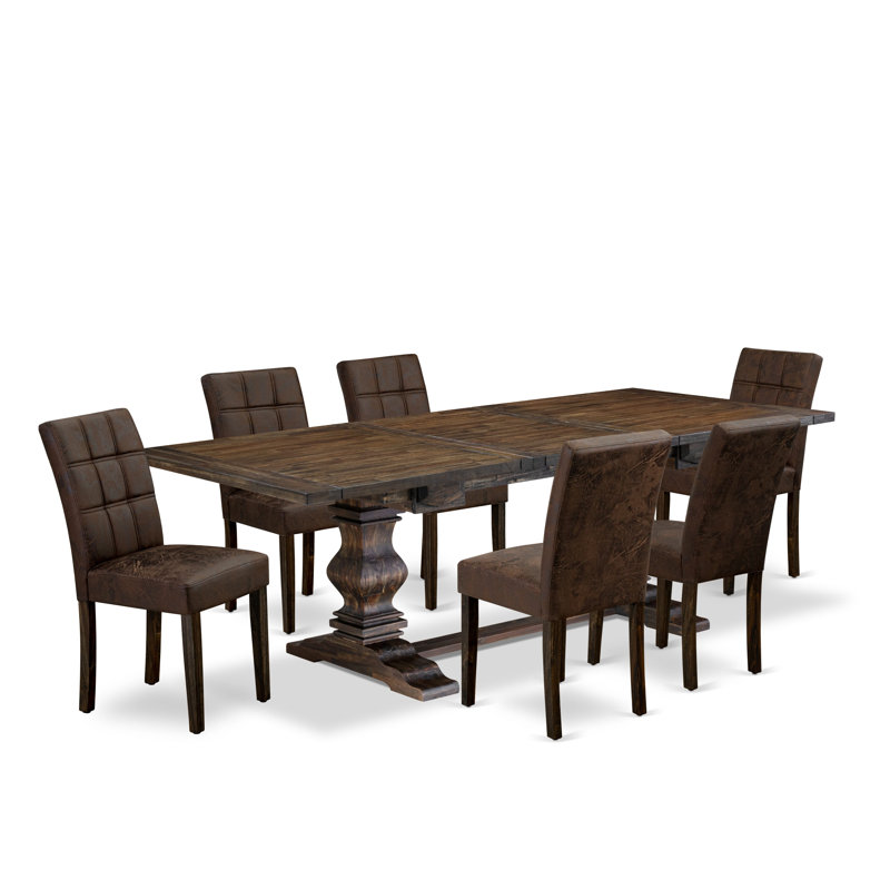 7 Piece Dining Room Set contain A Modern Dining Table and 6 Black Textured Polyester Fabric Upholstered Chairs, Distressed Jacobean